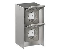 ledscom.de Presa di corrente da esterno 2 volte STEDDA, IP44, acciaio inox verticale, prese di corrente per giardino, terrazza e aree esterne