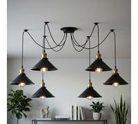 LEDSone Lampada a sospensione a 8 luci Spider, lampada da soffitto industriale vintage con paralumi in metallo, attacco E27, cavo regolabile da 2 m (Nero 6 Teste + Lampadina)