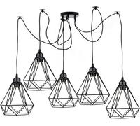 LEDSone Lampada a sospensione a soffitto a forma di ragno a 5 vie per loft industriale moderno con paralume in metallo a forma di diamante per interni con cavo regolabile da 2 m (Nero)