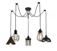 LEDSone Lampada a sospensione Spider vintage a 5 teste Lampadario a soffitto industriale retrò con paralume a gabbia in metallo nero regolabile in altezza con attacco E27