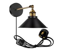 LEDSone Lampada da parete industriale vintage con braccio regolabile, cavo plug-in e paralume in metallo, lampada da parete nera e ottone per camera da letto, facile installazione, compatibile con