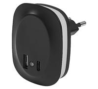 LEDVANCE Lunetta Edge base Night Light, nero, 0.35 W, 10 lm, luce bianca calda, sensore di luce diurna, nessione USB-A e USB-C, tecnologia a LED, funzionalità di ricarica, lunga durata, IP20, 3000K