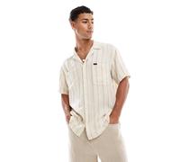 Lee Camp - T-shirt a maniche corte taglio comodo in lino beige a righe con rever-Bianco XL