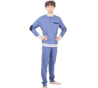 Leedya Pigiama Uomo Lungo in Cotone Invernale Interlock 100% - Stile e Comfort - Pigiama Morbido per Le Notti Invernali - Polsini No Stress (IT, Testo, M, Regular, Regular, 879 Blu)