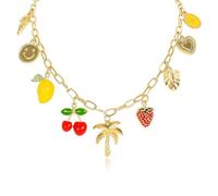 LEEGING Collana di fascino di frutta per le donne-Catena dolce con graziosi ciondoli tropicali albero di cocco, ciliegio, limone, mango gioielli estivi da spiaggia, collana a strati alla moda
