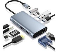 Leehitech Docking station per doppio monitor, adattatore 11 in 1 da USB C a HDMI con VGA 1080P, Ethernet RJ45 1G, USB 3.0 da 5 Gbps, 3 x USB 2.0, SD/TF, PD100W, jack per cuffie da 3,5 mm per MacBook