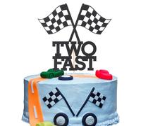 LeeLeeAn Topper per torta di compleanno con scritta "Two Fast" (lingua italiana non garantita), decorazione per festa di secondo compleanno, 15,2 x 15,2 cm, bandiera a scacchi, cartello "Two Fast