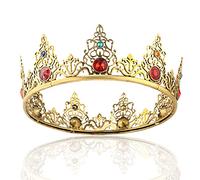 LEEMASING Barocco - Fascia per capelli da uomo, con corona di strass, per matrimonio, compleanno, Natale, San Valentino, costume (oro scuro con pietra rossa)