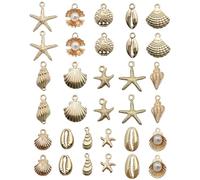 LEEQ 32pcs Pendenti Ciondoli Assortiti a Forma di Conchiglia e Stella Marina, Bigiotteria Charm Antico Oro Ciondoli, Lega Ciondolo, per Gioielli Fai da Te, Collane, Bracciali, Orecchini
