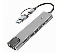 LeeQinersw Adattatore Multi Usb Hub 8 in 1 con Alloggiamento Rettangolare in Argento Metallico Cavo Incorporato E Due Porte Host Funzione di Espansione con Porte