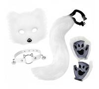 LeeQinersw Cosplay Guanti Ensemble Guanti Zampa Mascherina Pelosa Collare E Coda con Texture Soffice E Look di Chiusura Regolabile per Indosso, Bianco