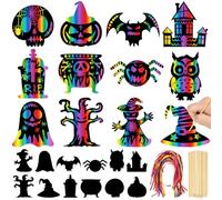 Leesgel Halloween Scratch Art per Bambini, 60 Pezzi Fogli Halloween da Grattare per Maschere di Halloween, Kit Disegno Carta per Decorazioni, Vestiti e Gadget Halloween Giochi Bambini Accessori Party