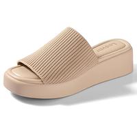Leevar Sandali da donna con zeppa e plateau, in morbida memory foam, imbottiti, senza schienale, comodi, quadrati, con punta aperta, estivi, casual, con zeppa, plateau, da donna, Tessuto Nudo, 37 EU