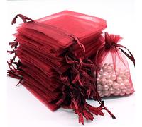 Leeyunbee 100PCS 7x9cm Vino Rosso Sacchetti Regalo Organza, Borse Organza con Coulisse, Gioielli Sacchetto, Sacchetti Bustina Organza per Nozze Regalo Caramella Partito Gioielli
