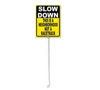 Lefangovs Slow Down This is a Neighborhood Not Racetrack Sign con paletto 17,5 x 22 cm in alluminio antiruggine decorazioni per prato segnale di avvertimento per esterni strada strada giardino