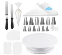 LeFeirr Piatto per torta girevole - 120 cucchiai. Set di accessori per torte con supporto girevole a 360°, 100 sac à poche usa e getta con 12 beccucci, 3 spatole per torte, 2 spatole per glassa e 2