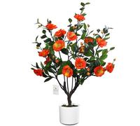 Leflos 90cm Albero di fiori artificiali, albero realistico di fiori di Camelia Arancione, pianta di fiori in vaso bianco per la decorazione di interni della casa