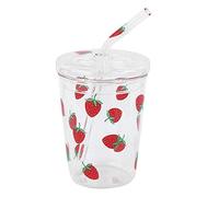 Leftwei Bicchiere di vetro fragola, bicchiere in vetro borosilicato con coperchio e cannuccia, riutilizzabile resistente al calore trasparente con motivo fragola per frappè, tazza da caffè, tazza di
