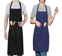 LEFUNDA® 2 pezzi Grembiule da Cucina, Grembiule impermeabile con 3 Tasche, Grembiule da Barbecue, Regolabile con Nastri Lunghi, Per Uomo e Donna, Cucina, BBQ, Ristorante, Caffè (Nero e Blu)