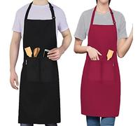 LEFUNDA® 2 Pezzi Grembiule da Cucina, Grembiule impermeabile con 3 Tasche, Grembiule da Barbecue, Regolabile con Nastri Lunghi, Per Uomo e Donna, Cucina, BBQ, Ristorante, Caffè (Nero e Rosso)