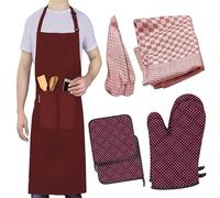 LEFUNDA® Grembiule da cucina impermeabile con 3 tasche, grembiule regolabile con nastri lunghi, grembiule da cucina per uomini e donne, cucina, ristorante, caffetteria, Rosso (1 grembiule + 2 guanti