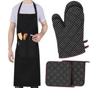 LEFUNDA® Set di 5 con 2 Guanti da Forno e 2 Presine, 1 grembiule da cucina, Cotone, Resistenti al Calore, Guanti da Griglia Antiscivolo, Presine in Cotone per Arrostire, Cucinare, BBQ, Morbida (Nero)