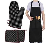 LEFUNDA® Set di 5 con 2 Guanti da Forno e 2 Presine, 1 grembiule da cucina, Cotone, Resistenti al Calore, Guanti da Griglia, AntiscivoloPresine in Cotone per Arrostire, Cucinare, BBQ, Cuocere (Nero)
