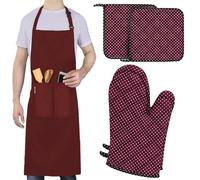 LEFUNDA® Set di 5 con 2 Guanti da Forno e 2 Presine, 1 grembiule da cucina, Cotone, Resistenti al Calore, Guanti da Griglia Antiscivolo, Presine in Cotone per Arrostire, Cucinare, BBQ, Morbida (Rosso)