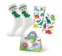 LEFZUR Calcetines Escolares Algodón con Estampado Dinosaurios y Texto "Schulkind", Set Regalo Inicio Clases con Tarjeta y Pegatinas, Suaves y Transpirables para Deporte y Uso Diario, Ideal para Niños