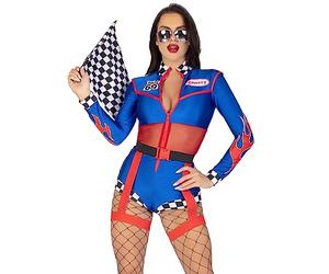 Leg Avenue 2 PC Cherry Bomb Racer, includes long sleeved zip up romper with sheer midriff and badge accents, flame detail and checkerboard trim, and belt with attached garters