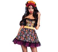 Leg Avenue 2 PC Marigold Catrina, includes sugar skull dress with lace trim and marigold and butterfly head piece with lace veil.