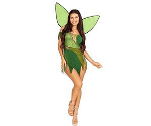 Leg Avenue 3 PC Forest Fairy, includes patchwork dress with adjustable lace ups and tattered skirt, leaf accents, detachable clear straps, and shimmer fairy wings