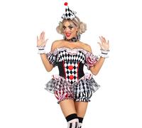 Leg Avenue 4 pezzi Darling Harlequin, include pagliaccetto fiorito rifinito con volant con accenti pom pom, volant da polso, volant sul collo e fascia per cappello, multicolore, M