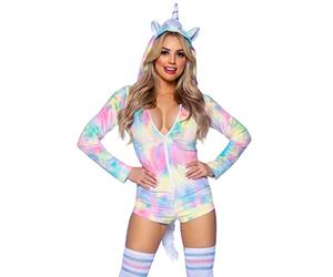 Leg Avenue Comfy Unicorn, features ultra-soft velvet plush zip up rainbow tie-dye romper with horn hood, furry main and tail, and magical mini wings.