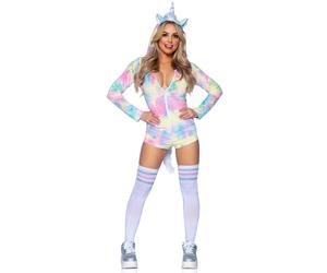 Leg Avenue Comfy Unicorn, features ultra-soft velvet plush zip up rainbow tie-dye romper with horn hood, furry main and tail, and magical mini wings.