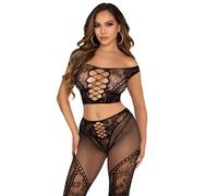 Leg avenue - crop top e legging a rete con spalle scoperte nero