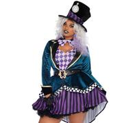 LEG AVENUE Elegante costume da cappellera da donna, 5 pezzi, con giacca e | Costume da cappelliera di alta qualità da donna con decorazioni. Include abito aderente, elegante cappotto in velluto riccio