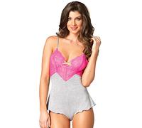 Leg Avenue Pagliaccetto da donna Seraphina By Jersey con pizzo, Grigio melange/Rosa fluo, Large