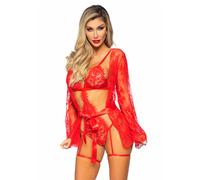 Leg Avenue Teddy, Lace Robe & Ribbon Tie Red S