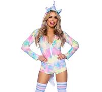 Leg Avenue Comfy Unicorn, features ultra-soft velvet plush zip up rainbow tie-dye romper with horn hood, furry main and tail, and magical mini wings.
