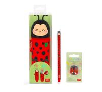 Legami Astuccio 2-in-1 in Silicone - Penna Gel Cancellabile - Temperino Mini Friends - Tema Ladybug