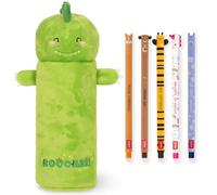 Legami Astuccio super morbido penne gel cancellabili | Set di 5 graziose penne a forma di animale con inchiostro termosensibile + astuccio in peluche (Dinosauro)