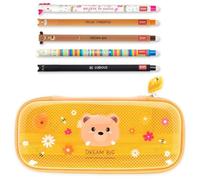 Legami - Astuccio Wonderwow, Tema Teddy Bear, 2 Scomparti e Portapenne interno, Scomparto interno con Tessuto a Rete + Set di 5 penne a forma di animale con inchiostro termosensibile