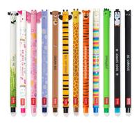 LEGAMI - Set di 12 penne gel cancellabili con inchiostro cancellabile termosensibile, gamma di colori dell'inchiostro e disegni a botte, punta da 0,7 mm, disegni di animali