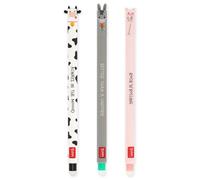LEGAMI Set di 3 penne gel cancellabili con inchiostro termosensibile cancellabile, punta da 0,7 mm, gamma di colori dell'inchiostro: nero, verde e rosa, tema fattoria animale, mucca, asino e maiale
