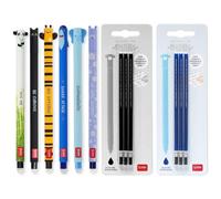 LEGAMI - Set di 6 penne gel cancellabili + 6 ricariche, con inchiostro cancellabile termosensibile, inchiostro nero e blu, punta da 0,7 mm, design panda, gatto, ape, squalo, elefante e ippopotamo