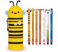 LEGAMI - Set di 7 penne gel cancellabili + ape 2 in 1 astuccio portapenne - con inchiostro cancellabile termosensibile, gamma di colori dell'inchiostro e disegni a botte, punta da 0,7 mm