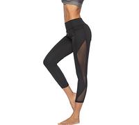 Leggings a 3/4 da donna, in rete trasparente, a vita alta, opachi, per yoga, boom boom, leggings a compressione, con tasche laterali, palestra, fitness, da corsa, 2-nero., XL