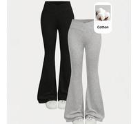 Leggings basic a gamba svasata per ragazze adolescenti, set da 2 pezzi nero & grigio, design con vita incrociata, pantaloni lunghi casual aderenti a gamba svasata 14Y,12Y,13Y,16Y,15YColore unicoPolies