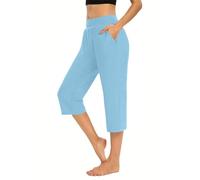 Leggings capri da donna a vita alta, leggeri e comodi, pantaloni corti estivi traspiranti al ginocchio, leggings snellenti, tinta unita, pantaloni morbidi per pigiama, Azzurro, S